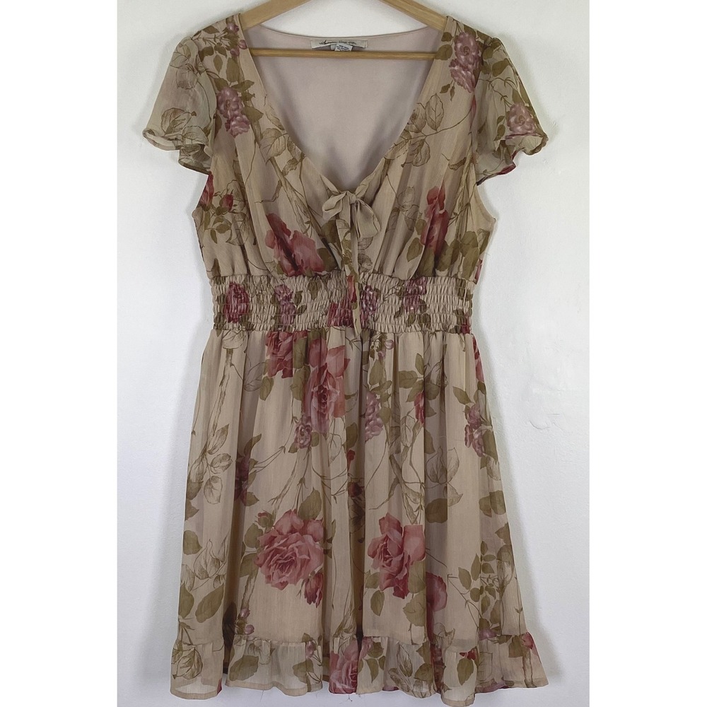 American Rag Floral Chiffon Dress Women 1X Tan Pink Smocked Waist Boho Romantic